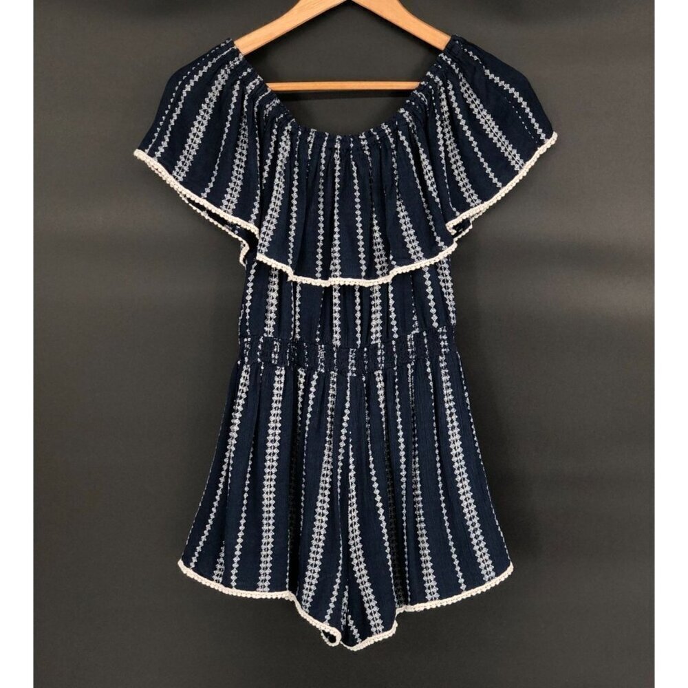 Lulu's Women's Off Shoulder Romper S Navy White Party Festival Summer Ruffle